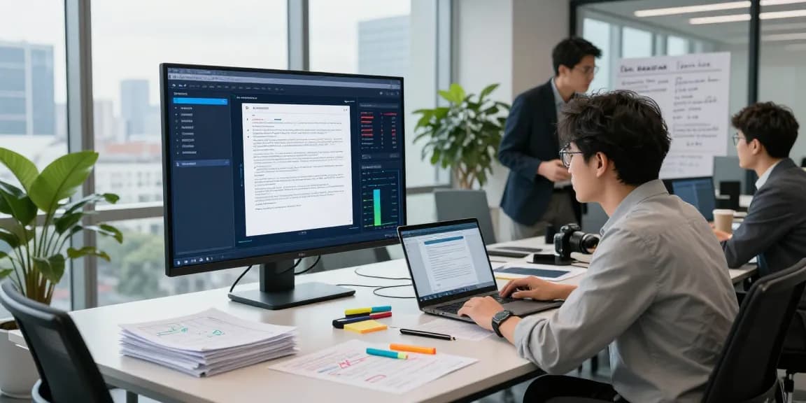 Enhancing document fraud detection in a modern office environment with professionals collaborating on data analysis.
