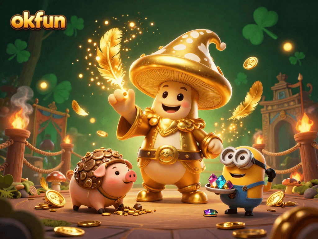Experience winning magic at okfun with a golden mushroom wizard, treasure-seeking pig, and vibrant casino elements.
