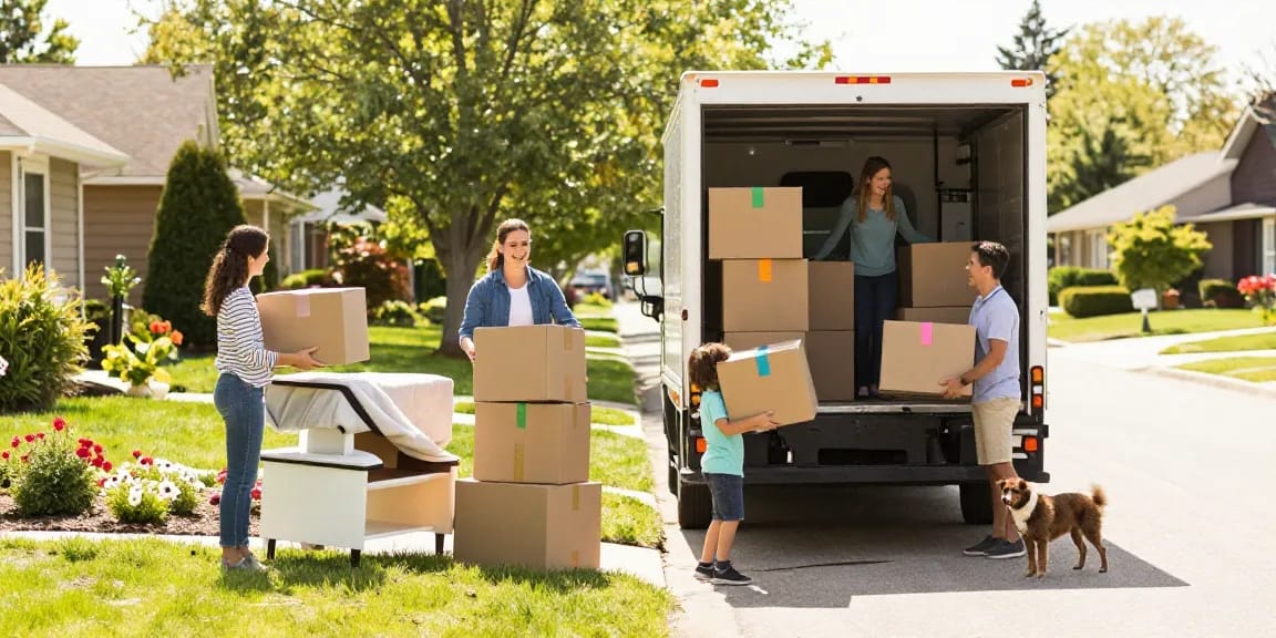 Moving Company family packing boxes into a truck on moving day in a cheerful suburban neighborhood.