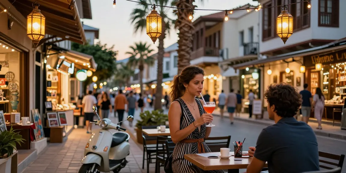 Antalya Merkez Escort enjoying a cocktail at a chic cafe terrace in a vibrant urban sunset setting.