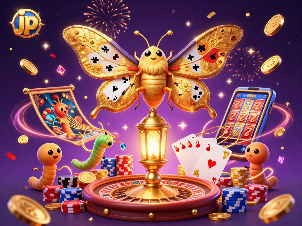 Experience the magic of jp with a dazzling 3D scene of casino elements and winnings.
