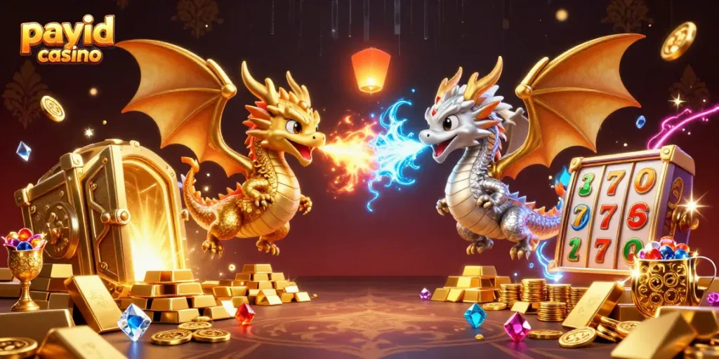 Experience the thrill of payid casino with vibrant dragons and sparkling treasures in a dynamic scene.