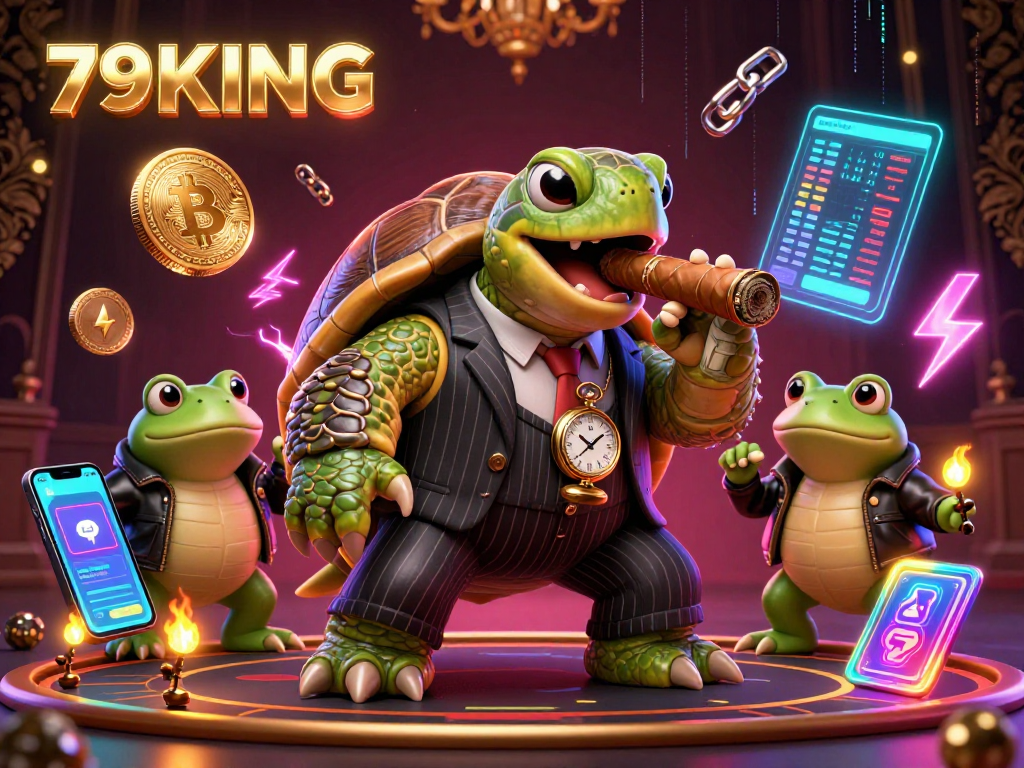 Charming 3D illustration highlighting 79KING's casino characters amidst vibrant crypto coins and gaming elements.