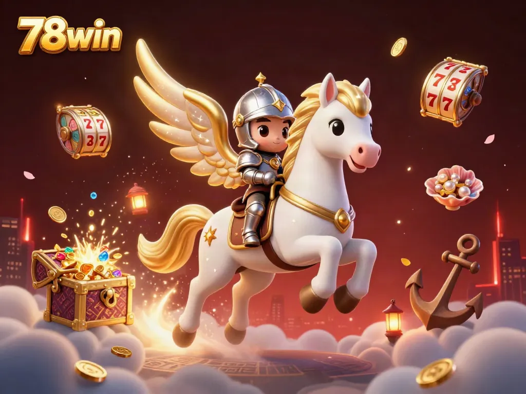 Experience 78win's vibrant online gaming scene with treasure chests, slot reels, and a celestial character.