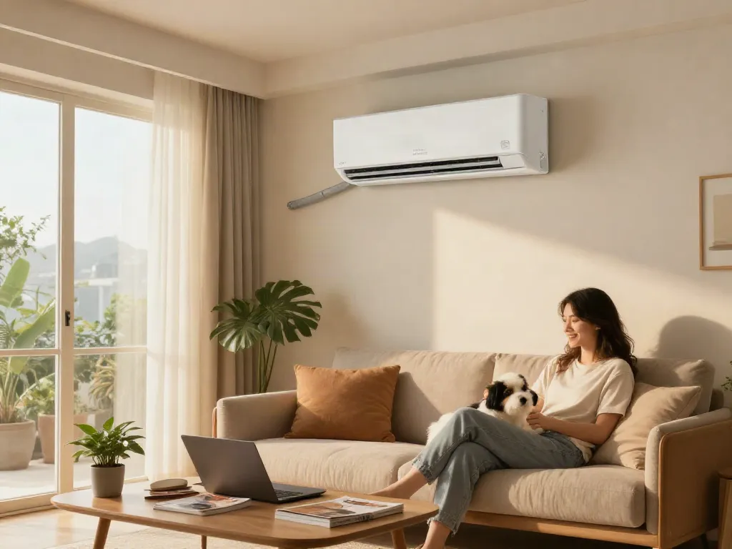 Cozy living room featuring a mini split of air conditioner, couple relaxing with dog.
