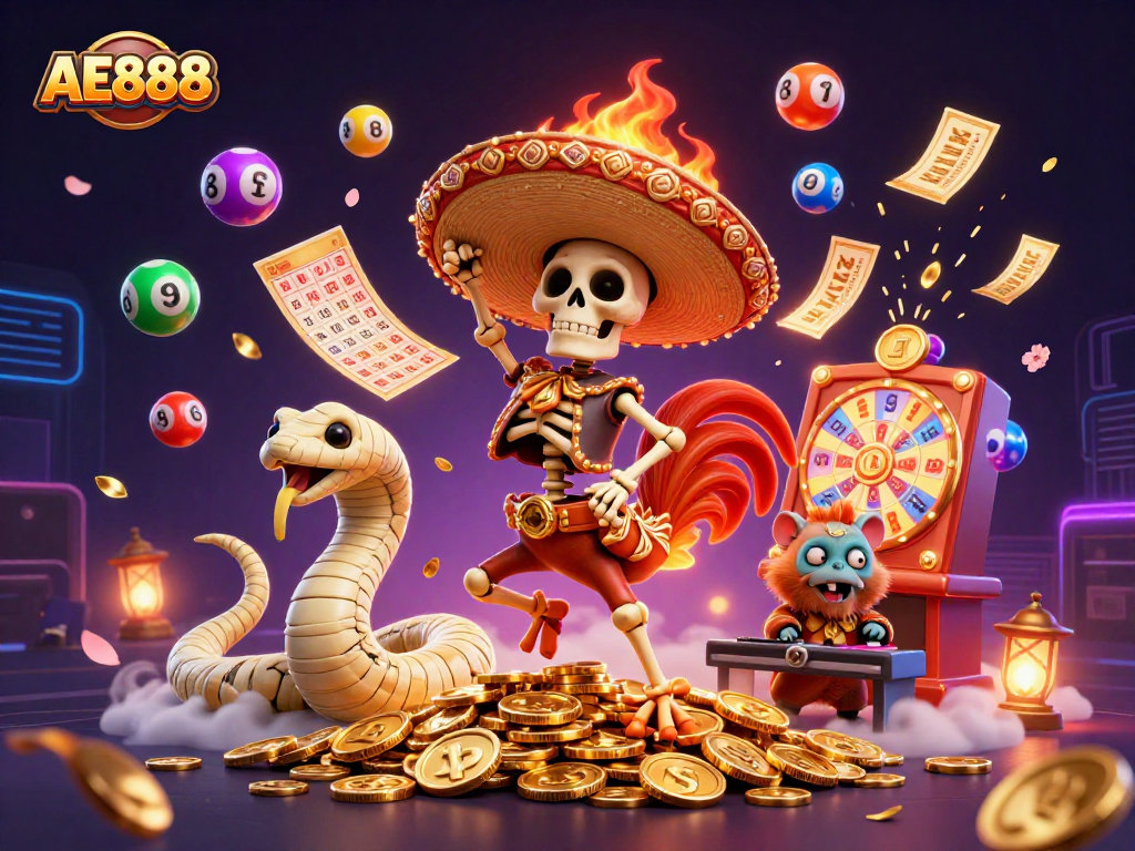 Participate in AE888's thrilling bingo and lottery featuring vibrant, dynamic game elements.