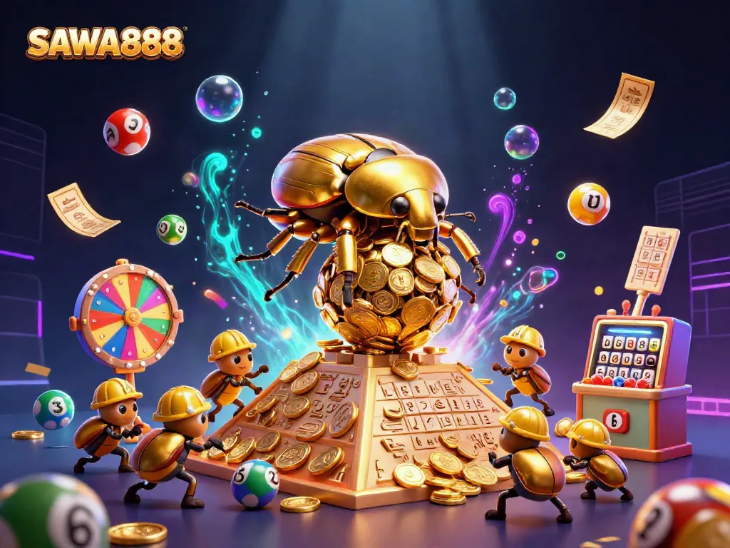 Engage with SAWA888 through a vibrant lottery-themed illustration showcasing thrilling casino elements.