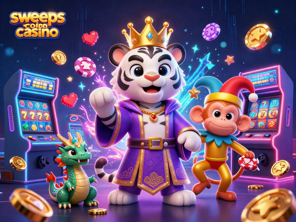 Sweeps coins casino scene featuring a white tiger, golden monkey, and jade dragon in a vibrant gaming atmosphere