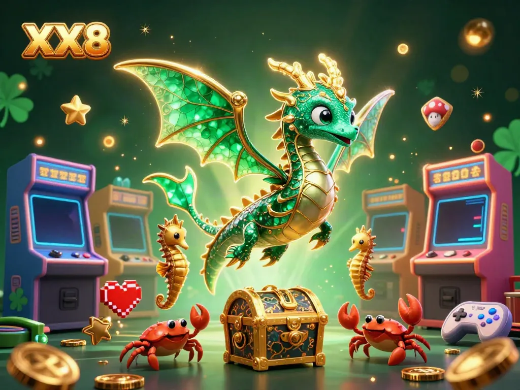 Experience the vibrant world of XX8 with a magical sea dragon and arcade gaming elements.