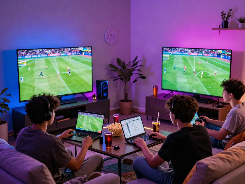 Group enjoying online betting and gaming experience with debet in a cozy living room.