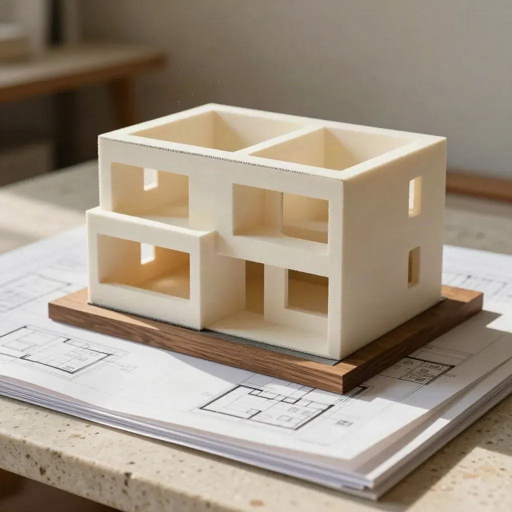 Cutaway house model with layered floor plans on travertine, lit by warm side daylight