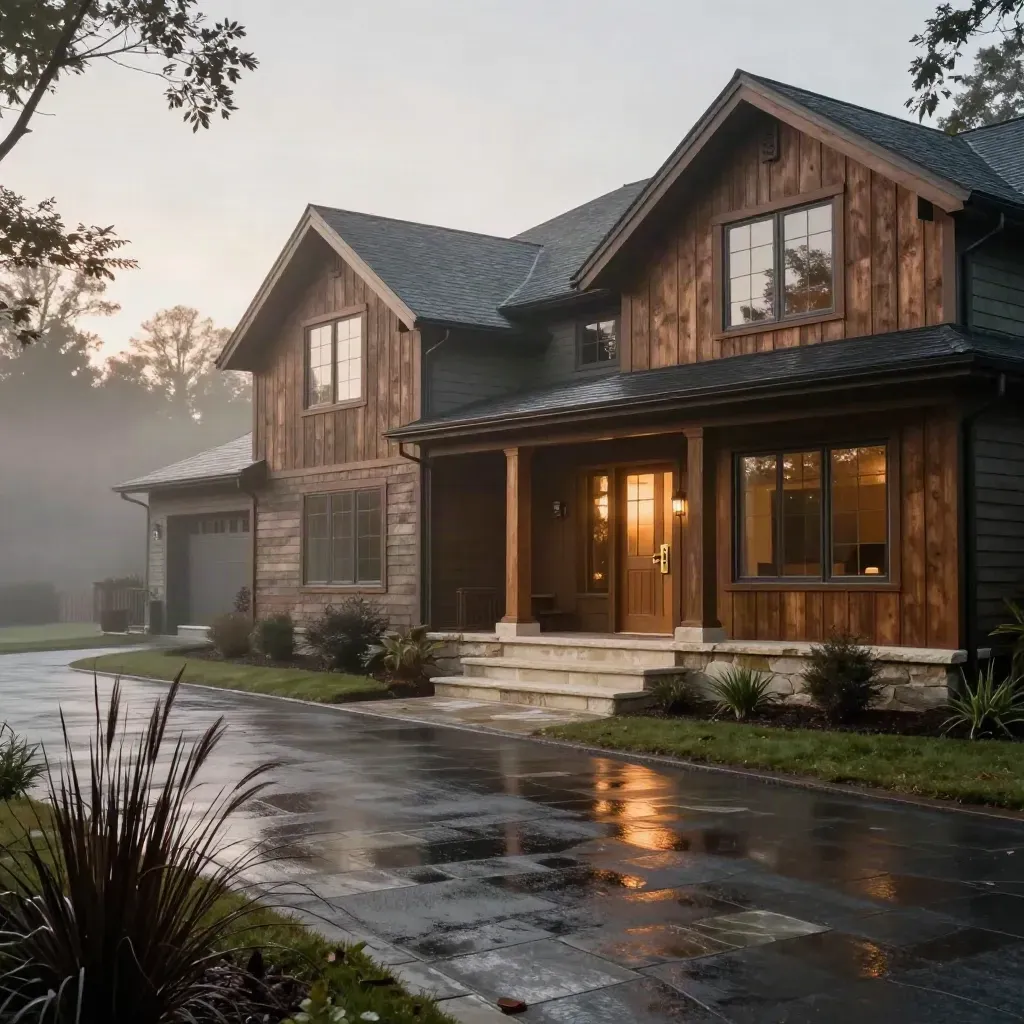 Dawn-lit listing home with cedar siding, stone steps, wet driveway sheen, and a brass lockbox.