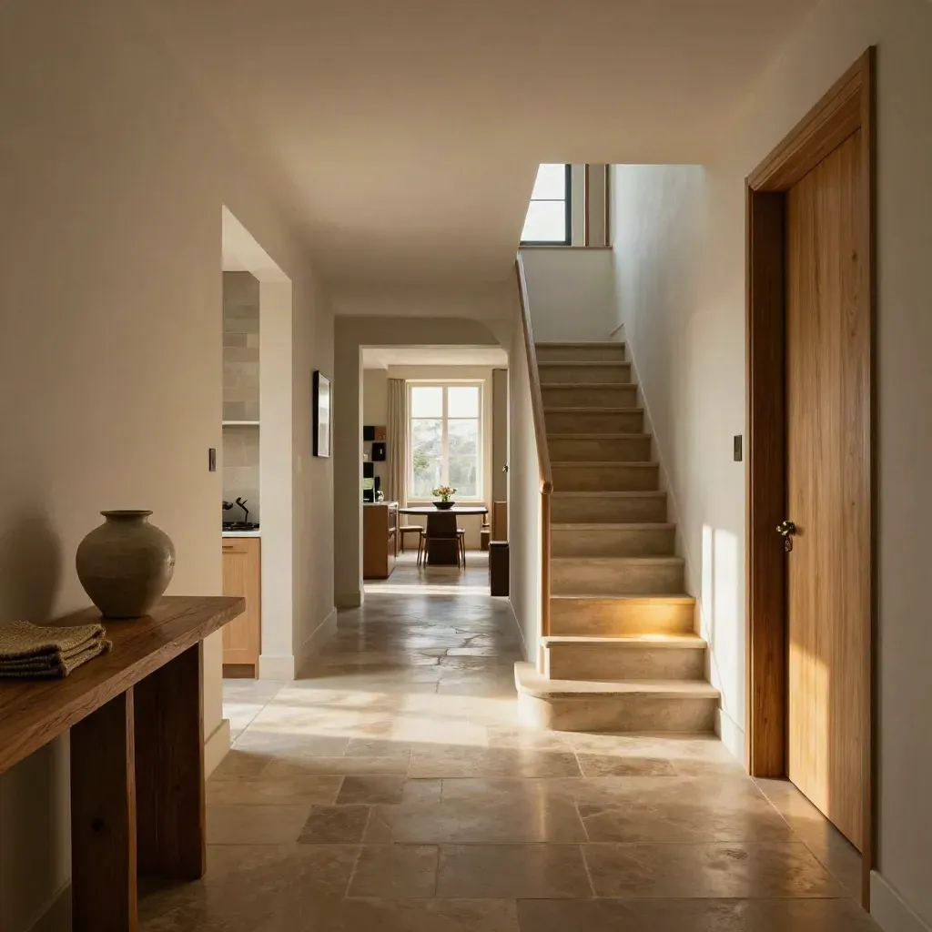 Open-plan home interior with hallway, kitchen glow and stair turn revealing connected rooms.