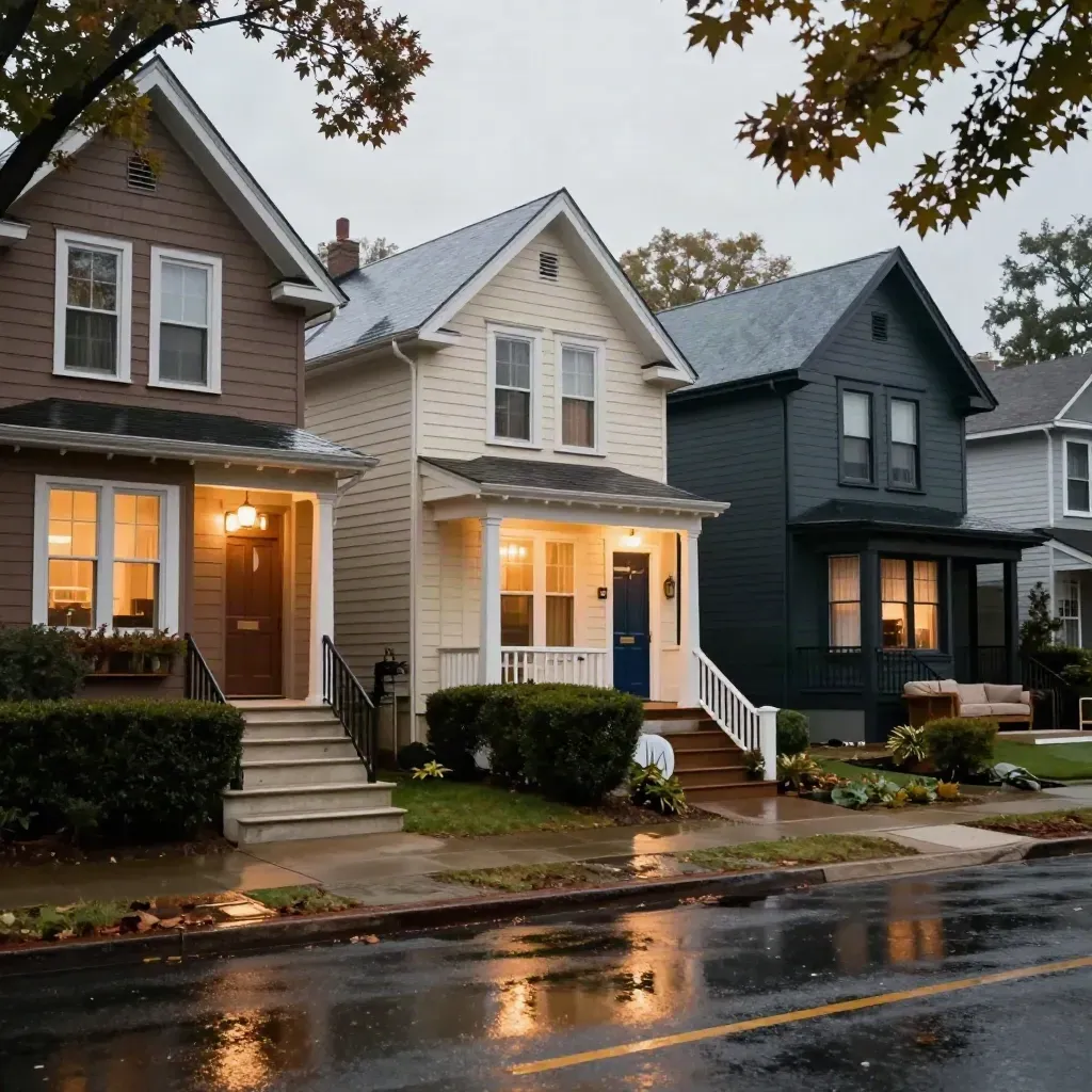 Three lit suburban home facades reflected on wet pavement at dusk