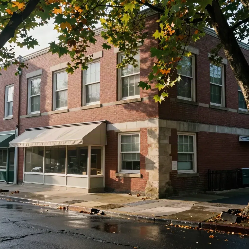 Brick school, tree canopy, storefronts, and a quiet side street in one neighborhood block.