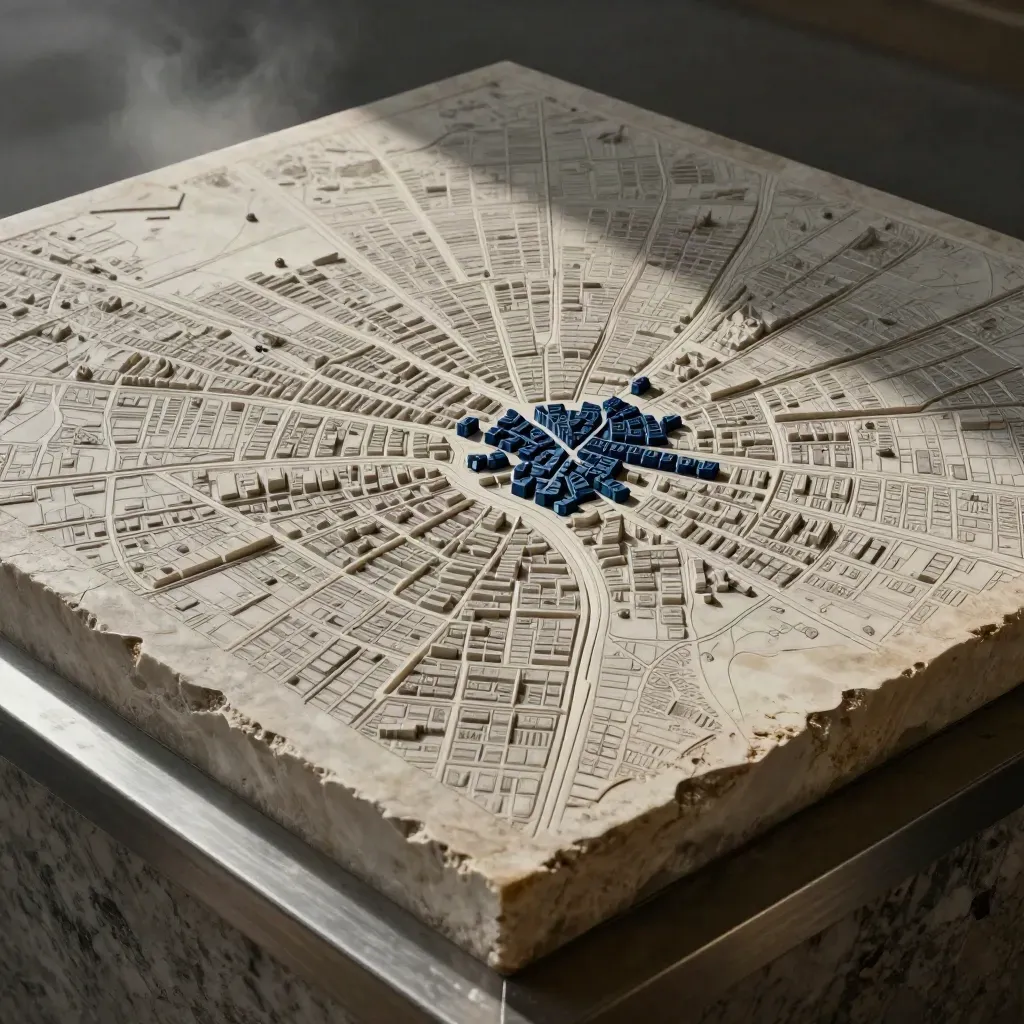 Raised city map model with markers and route lines on stone under dramatic light