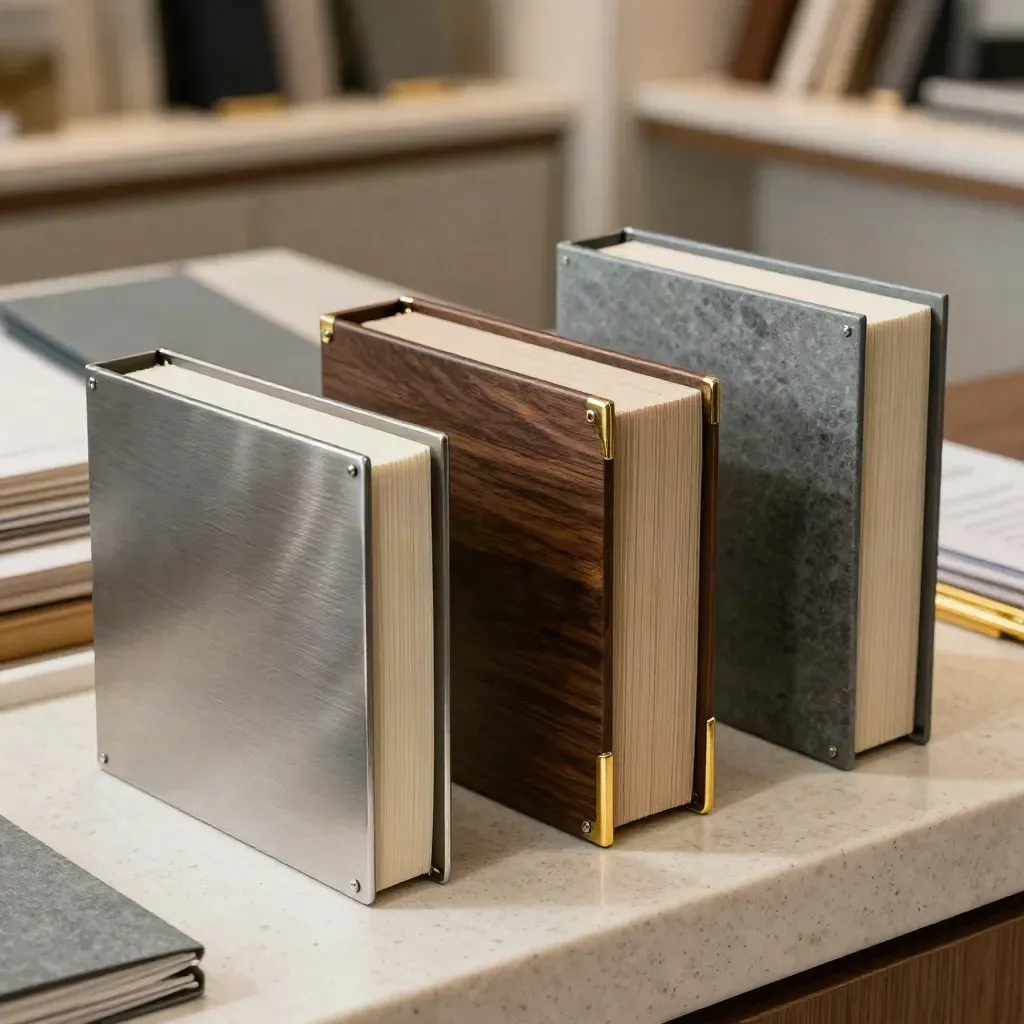 Three tactile agent profile stacks in metal, walnut, and stone on a travertine ledge.