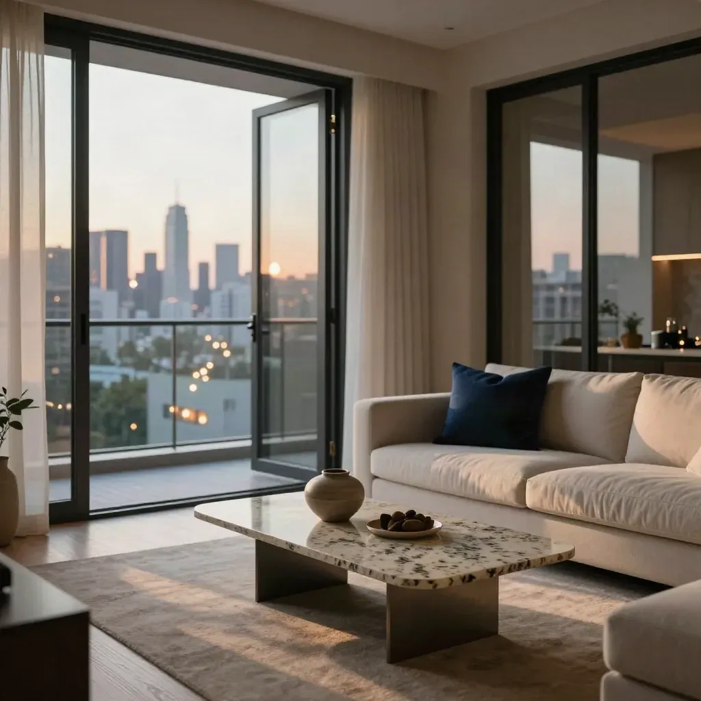Open condo living room with skyline glow and terrace lights, tour-ready and warm.