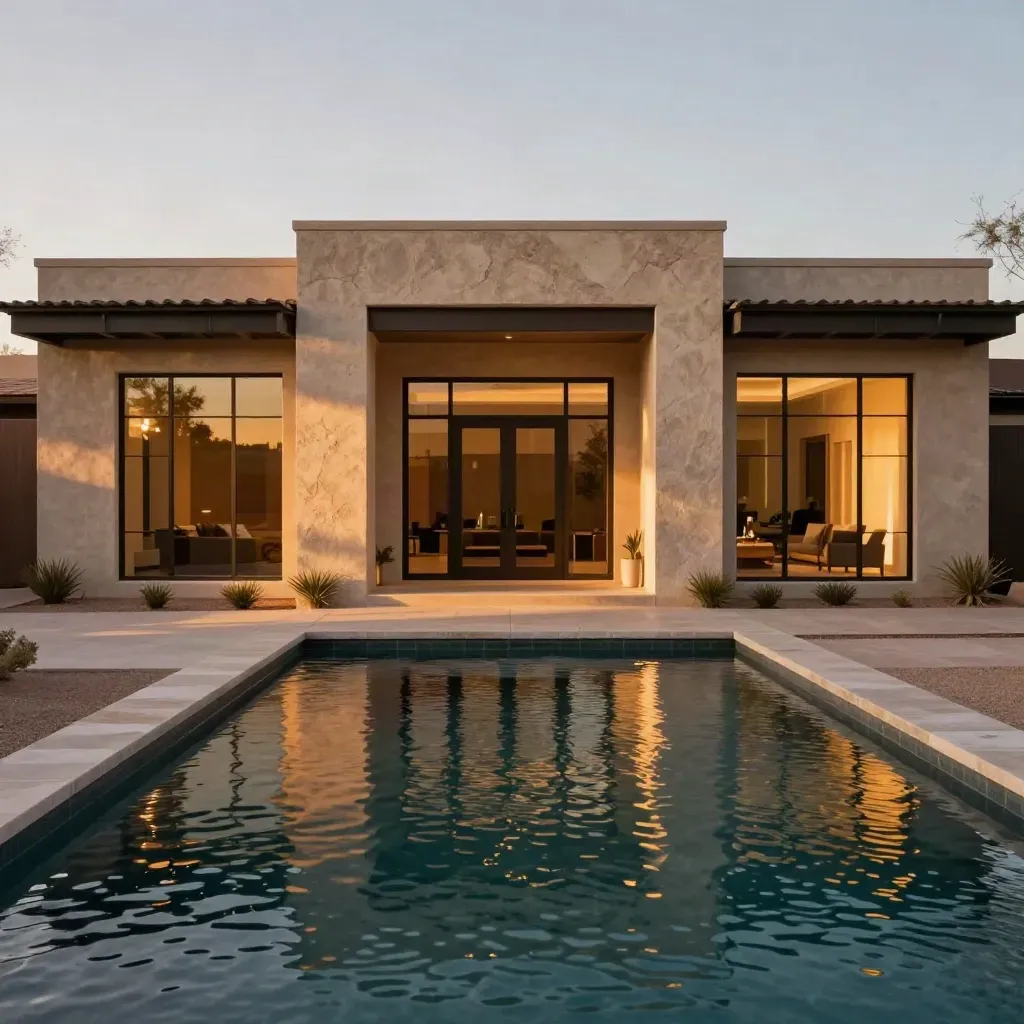 Phoenix desert-modern home exterior at sunset with glowing entry court and reflecting pool