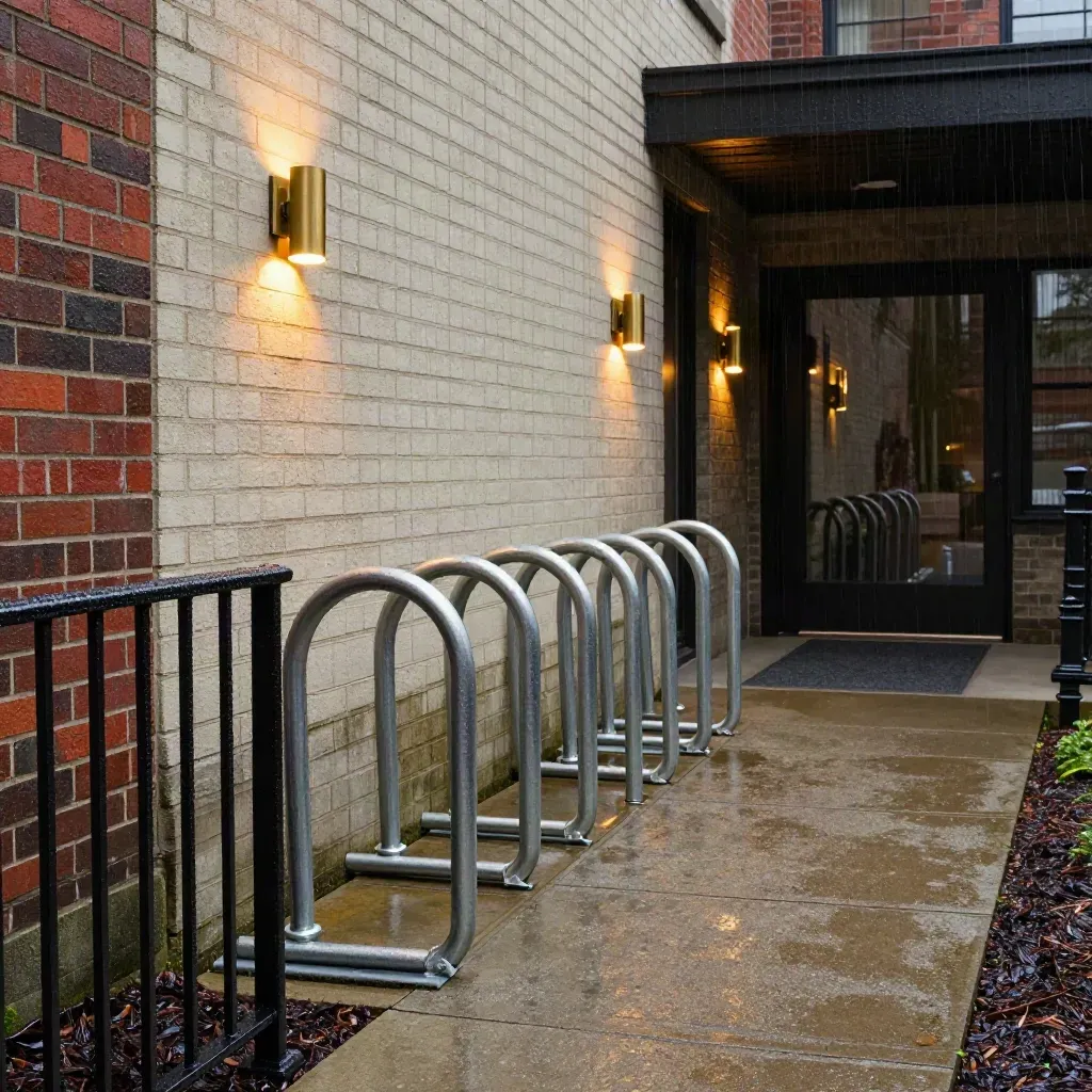 Rain-soaked Seattle rental courtyard with bike racks and glowing doorway lights.