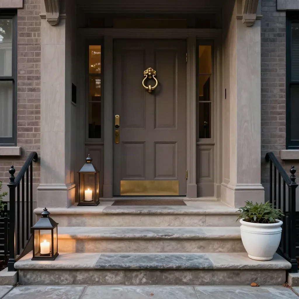 Dallas townhouse entry with brass knocker, stone steps, shaded porch at dusk