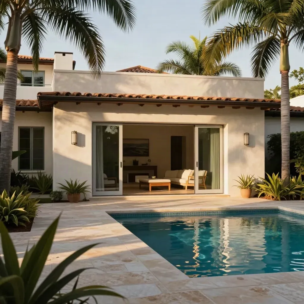 Miami home exterior with open sliders, pool deck palm shadows, and warm golden-hour glow