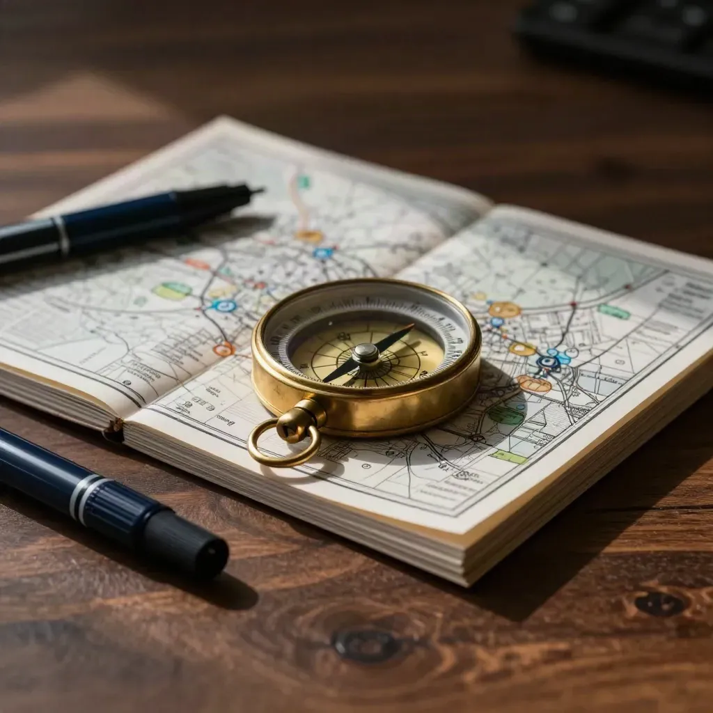 Brass compass, atlas tiles, and translucent routing markers on dark walnut.