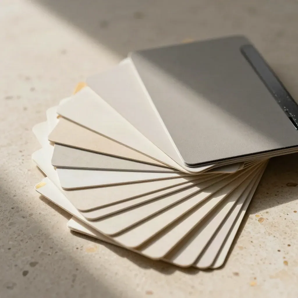 Overhead fan of proof cards, swatches and graphite clips on travertine with gold accent