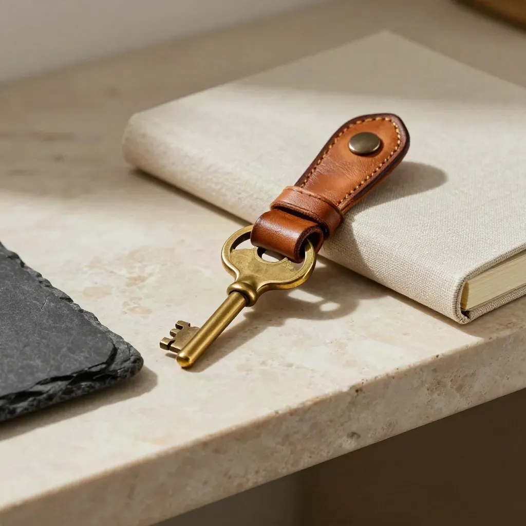 Brass keys, leather valet strip, and cream notebook on a pale stone shelf in warm side light.