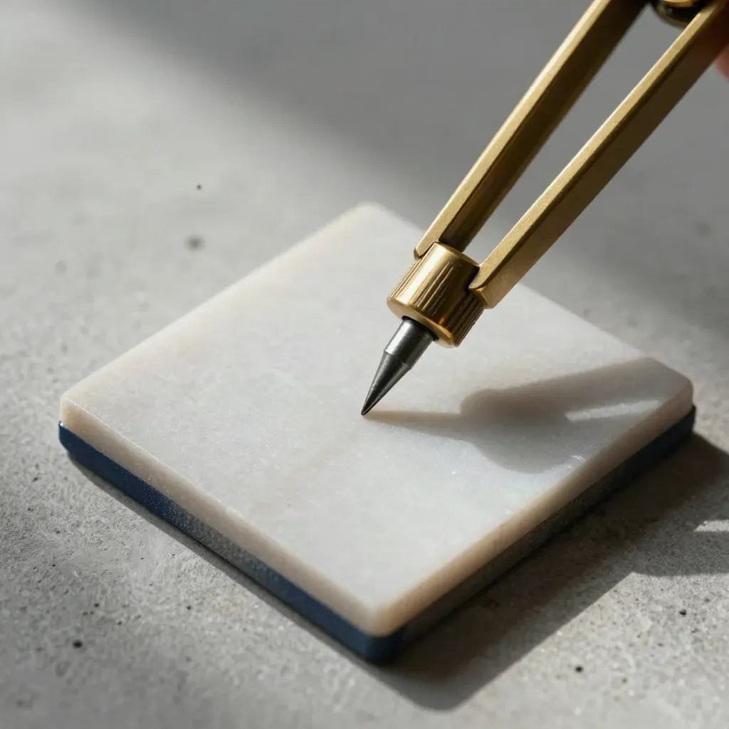 Overhead brass compass, frosted tile, and graphite location pin on matte stone