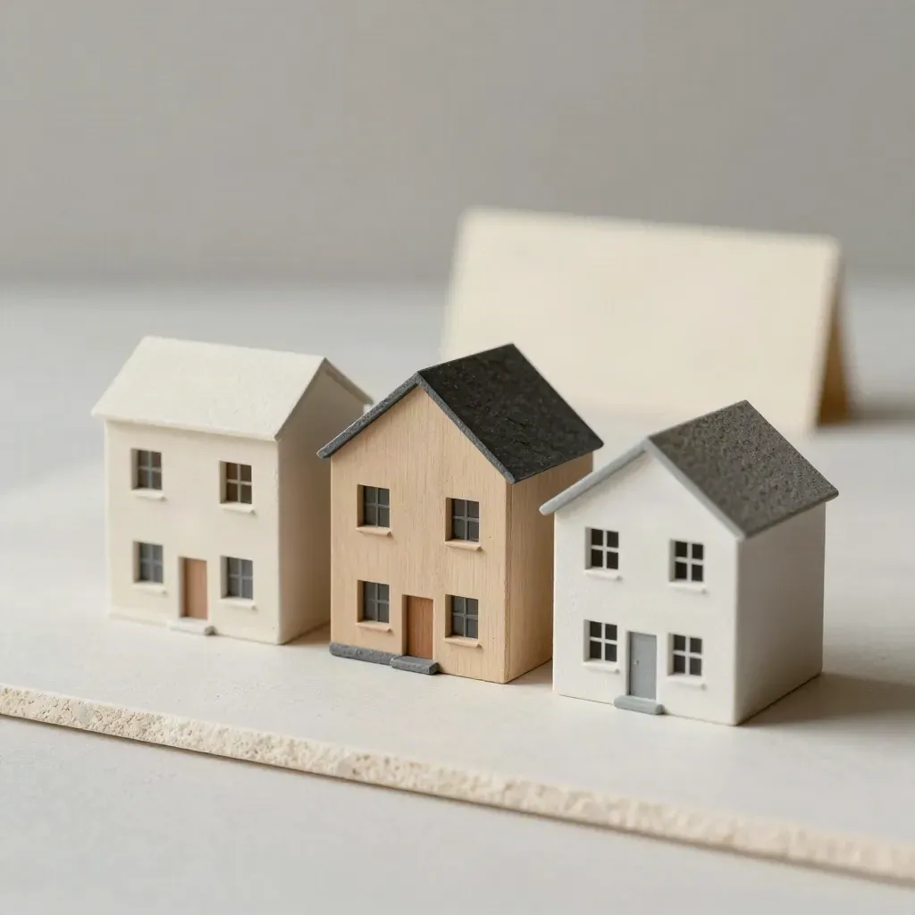 Three miniature house facade models with different rooflines on a plaster sweep.