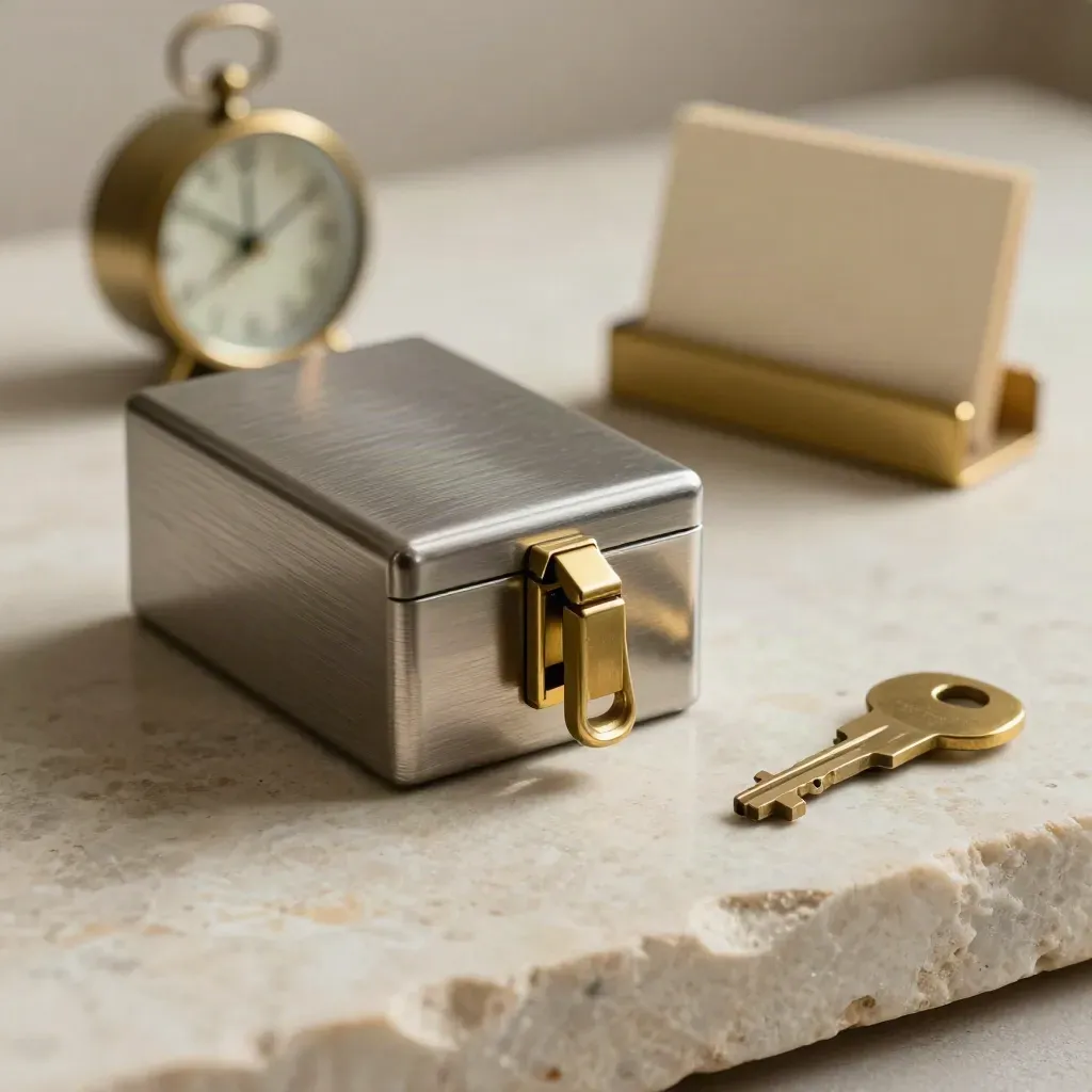 Lockbox, tiny clock, and brass key card holder on pale stone in soft side light.