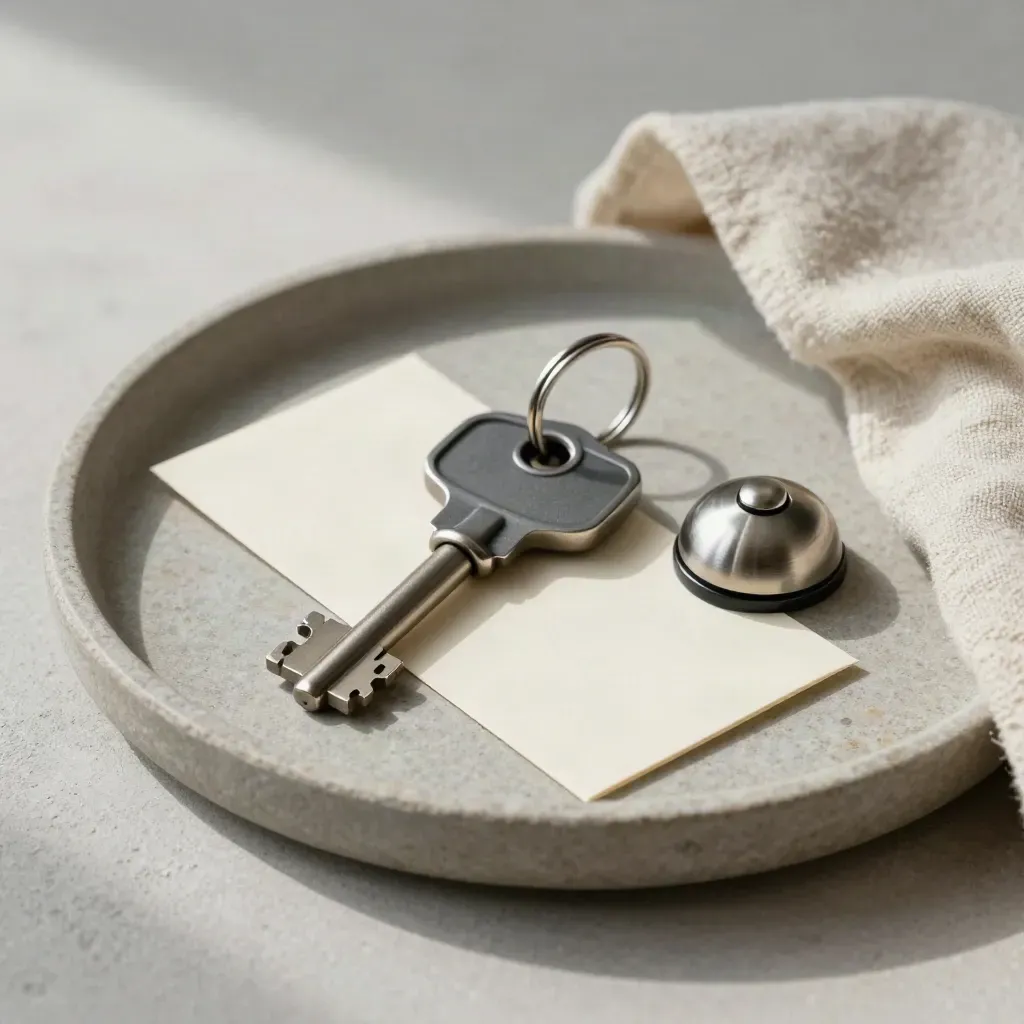 House key, doorbell button, and blank cream sleeve on a stone tray in soft light.