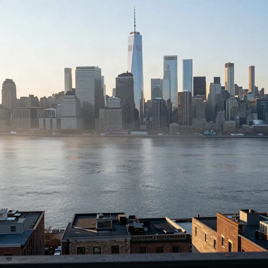 Hazy Manhattan skyline above riverfront rooftops at dawn