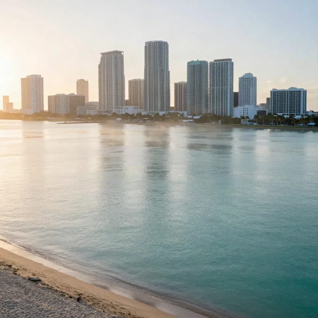 Miami skyline glows through marine haze above calm bay at sunrise