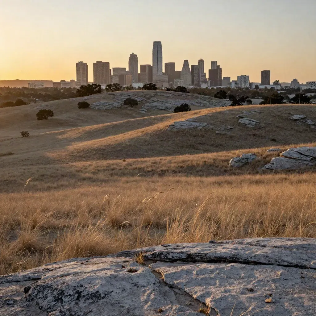 Austin skyline above limestone hills and live oaks in warm sunset haze