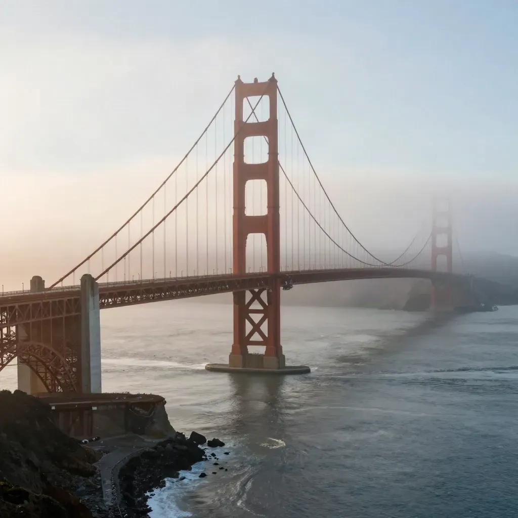 Golden Gate Bridge rising through fog above the Pacific at dawn