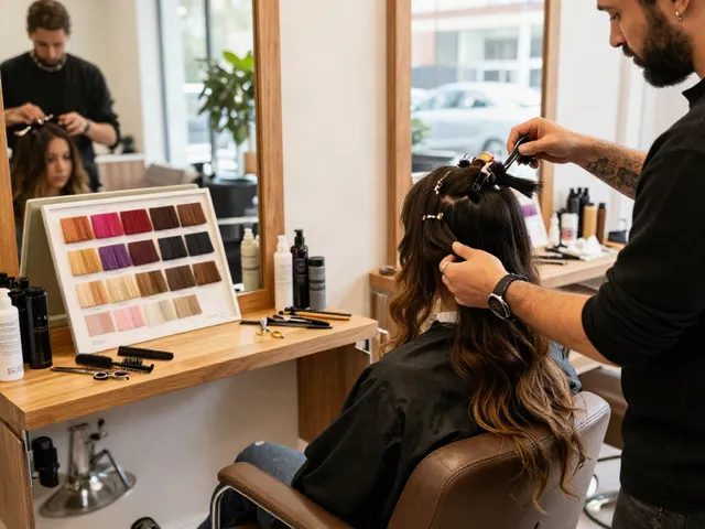 Applying huaman hair extensions and accessories in a stylish salon setting, showcasing vibrant color choices.