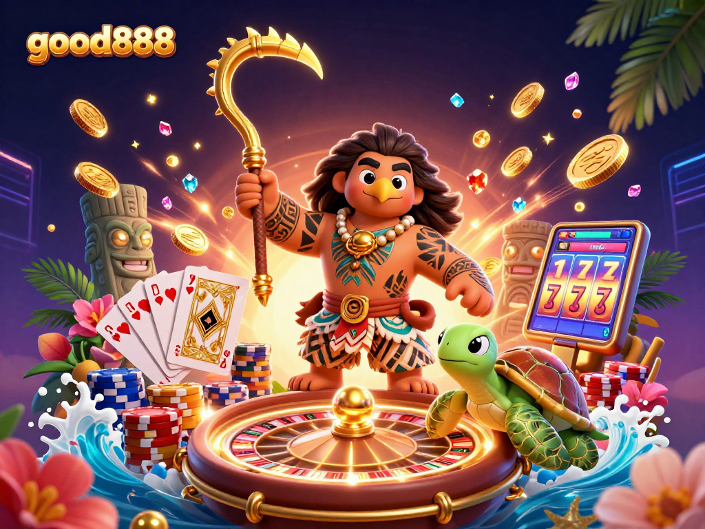 Engage with the exciting world of good888, featuring a dynamic casino scene with vibrant characters and sparkling gaming elements.