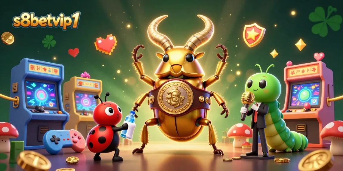 s8betvip1 showcases a vibrant casino-themed scene with a golden stag beetle and arcade elements