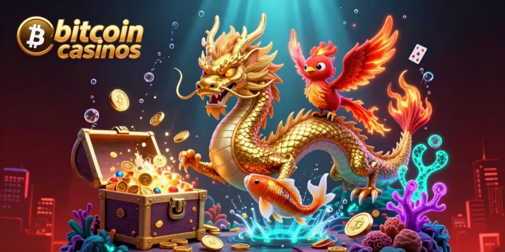 Engage with exhilarating bitcoin casinos featuring a vibrant scene of dragons and lucky koi fish.