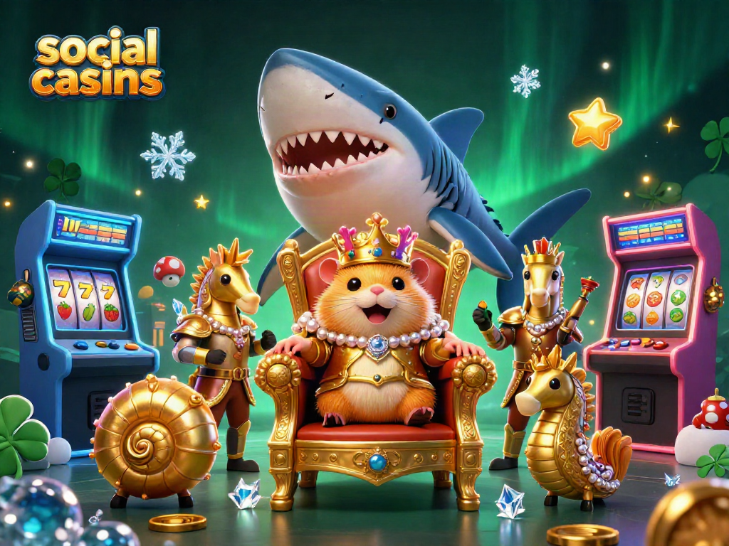Experience social casinos with a vibrant scene featuring a hamster king, arcade machines, and royal seahorse guards.