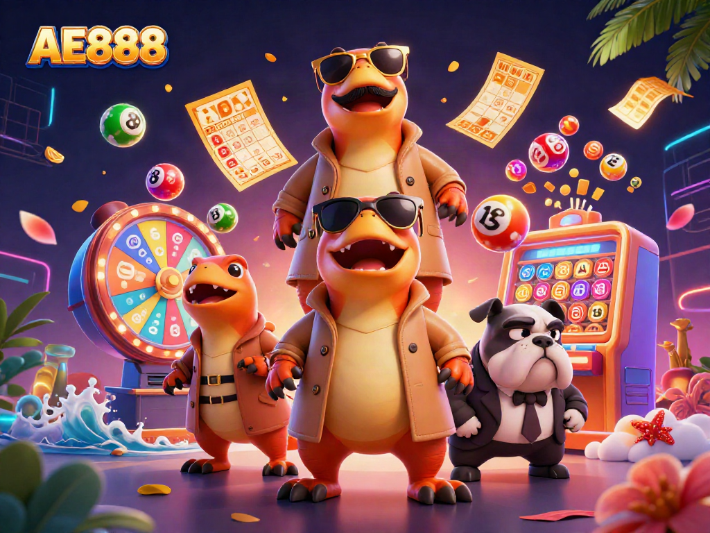 Experience the excitement of AE888 with raptors entering a casino scene filled with lottery elements.