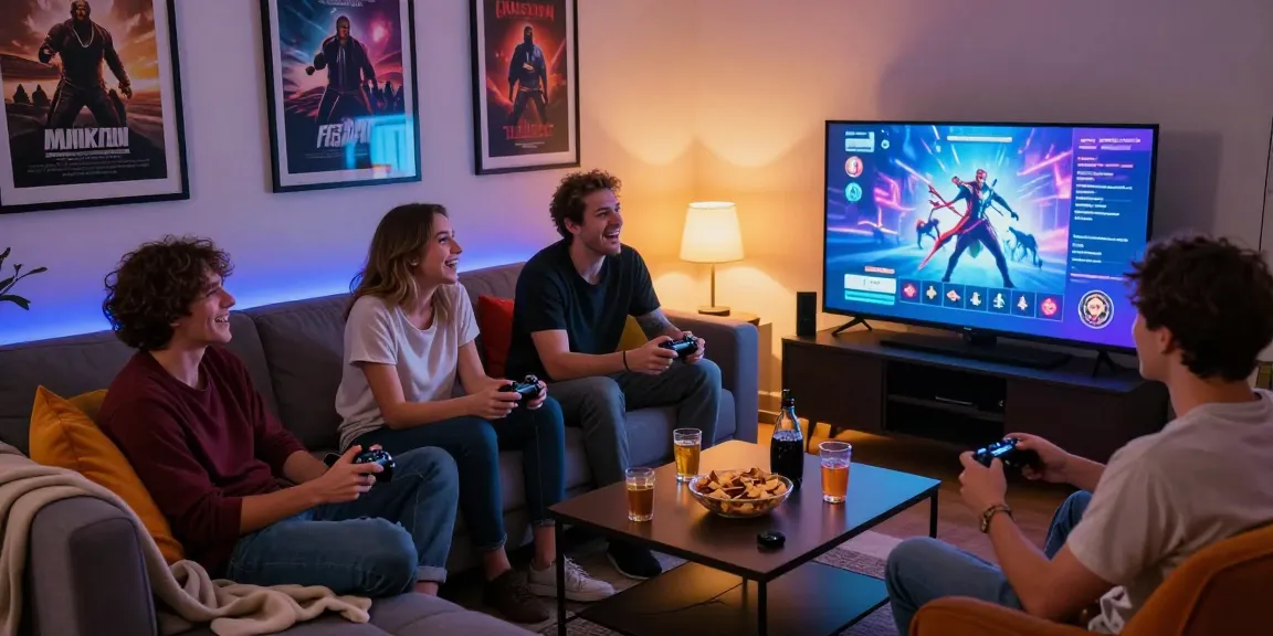 Friends enjoying a free porn game in a cozy gaming setup with laughter and snacks.