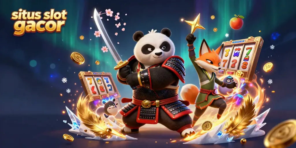 Engage in action with the samurai panda and ninja fox on situs slot gacor, surrounded by slot game elements.