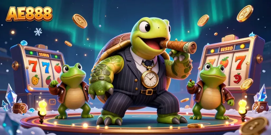 Engage with AE888’s vibrant casino scene featuring a snapping turtle in a mobster suit amidst dynamic game elements.