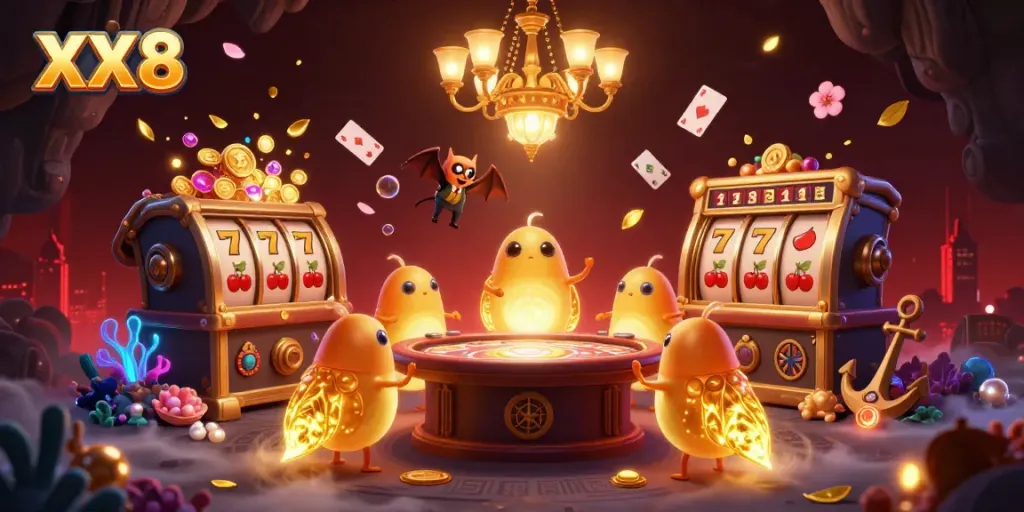 Experience the vibrant XX 8 casino scene with glowworms and exciting slot elements.
