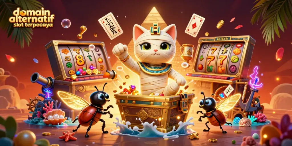 Engage with the domain alternatif slot terpercaya through thrilling visuals of a pyramid casino bursting with gold.