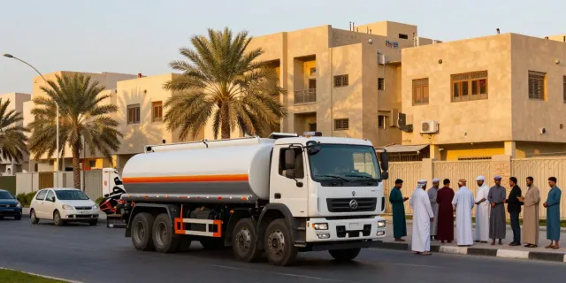 Water tanker delivery in North and East Riyadh showcasing community engagement and essential service.