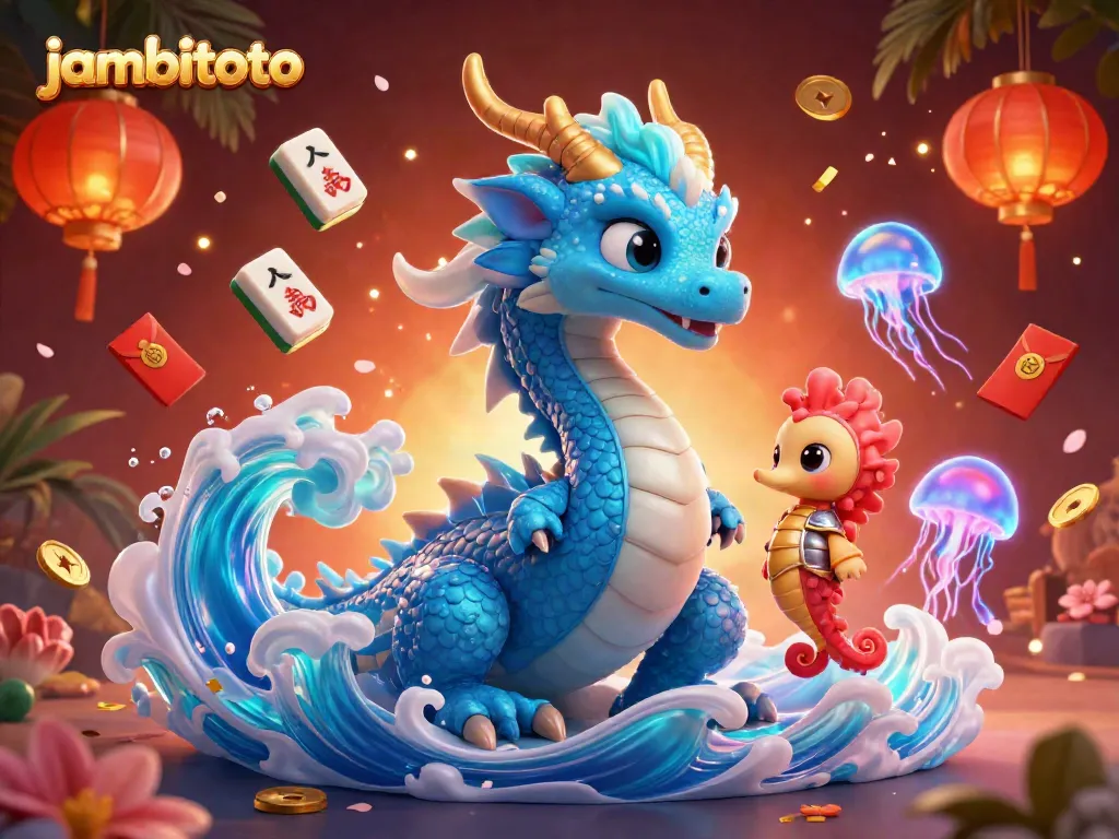 Win big with jambitoto in this vibrant 3D illustration of a dragon and seahorse, embodying the online gambling excitement.